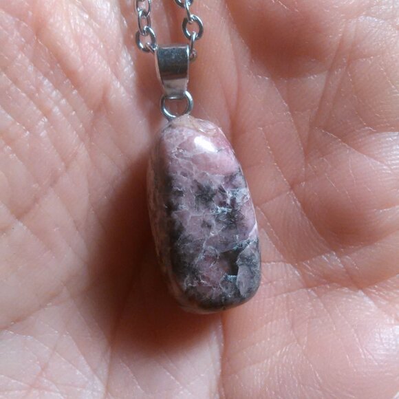 Rhodochrosite Silvertone Brass Pendant Stainless Steel Necklace - Picture 4 of 8